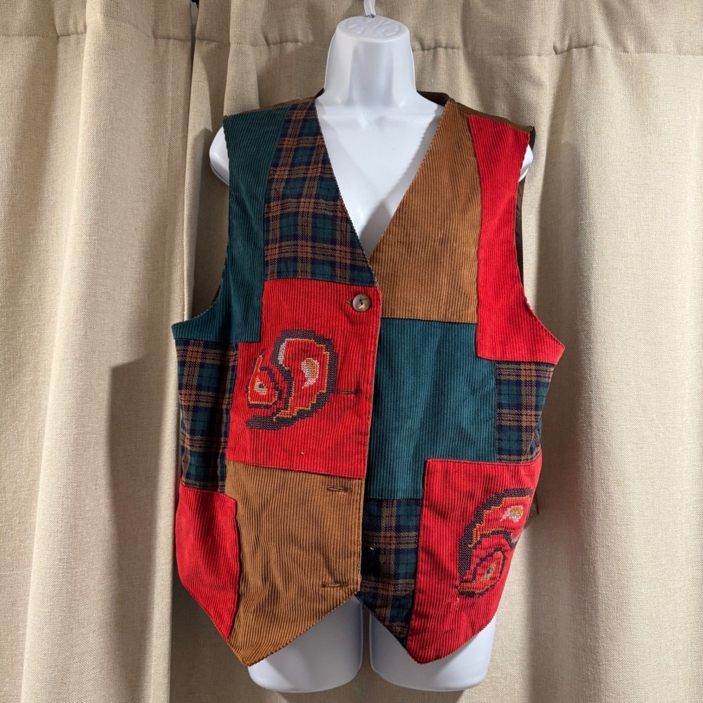 VTG Corduroy Paisley Vest Womens Medium Boho Cross Stitch‎ Russ Sport